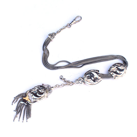 Vintage Sterling Silver Horse Albert Chain Pocket Watch Fob with Tassel & Dog Clip