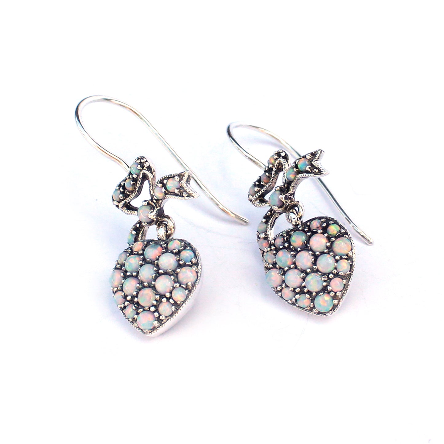 Victorian Style Sterling Silver Opal Heart Earrings
