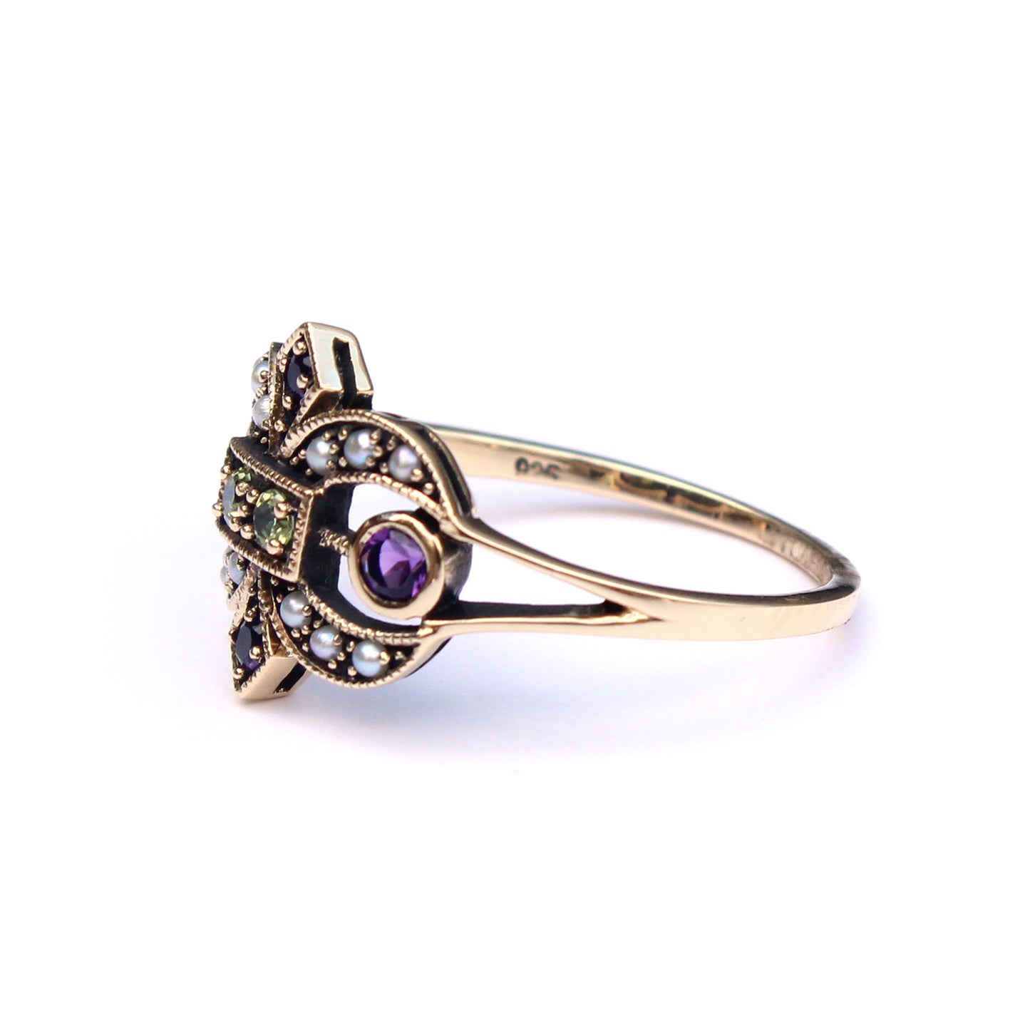 9ct Gold Victorian Style Amethyst Peridot & Pearl Fleur Di Lis Ring