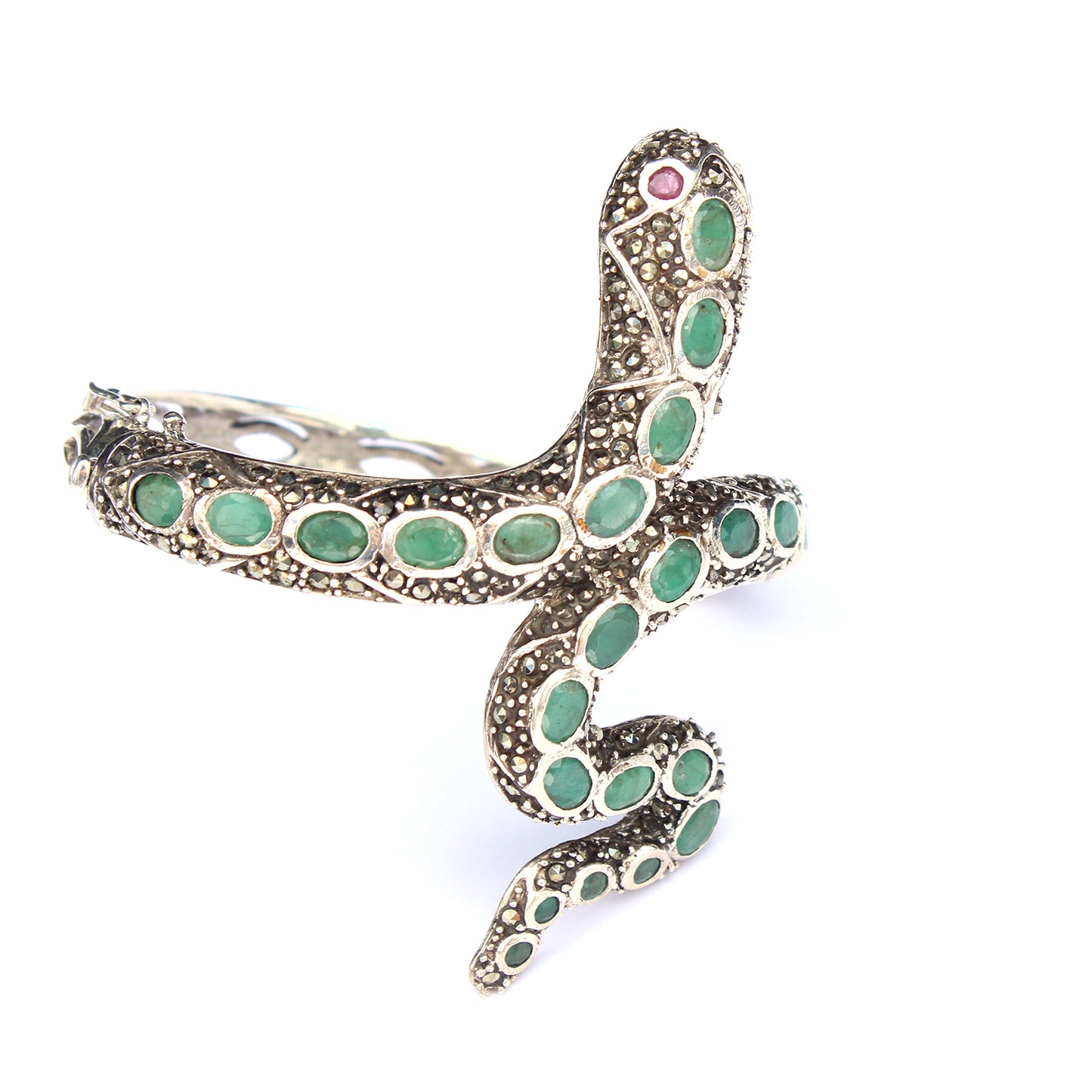Sterling Silver Emerald Ruby Marcasite Snake Cuff Bracelet