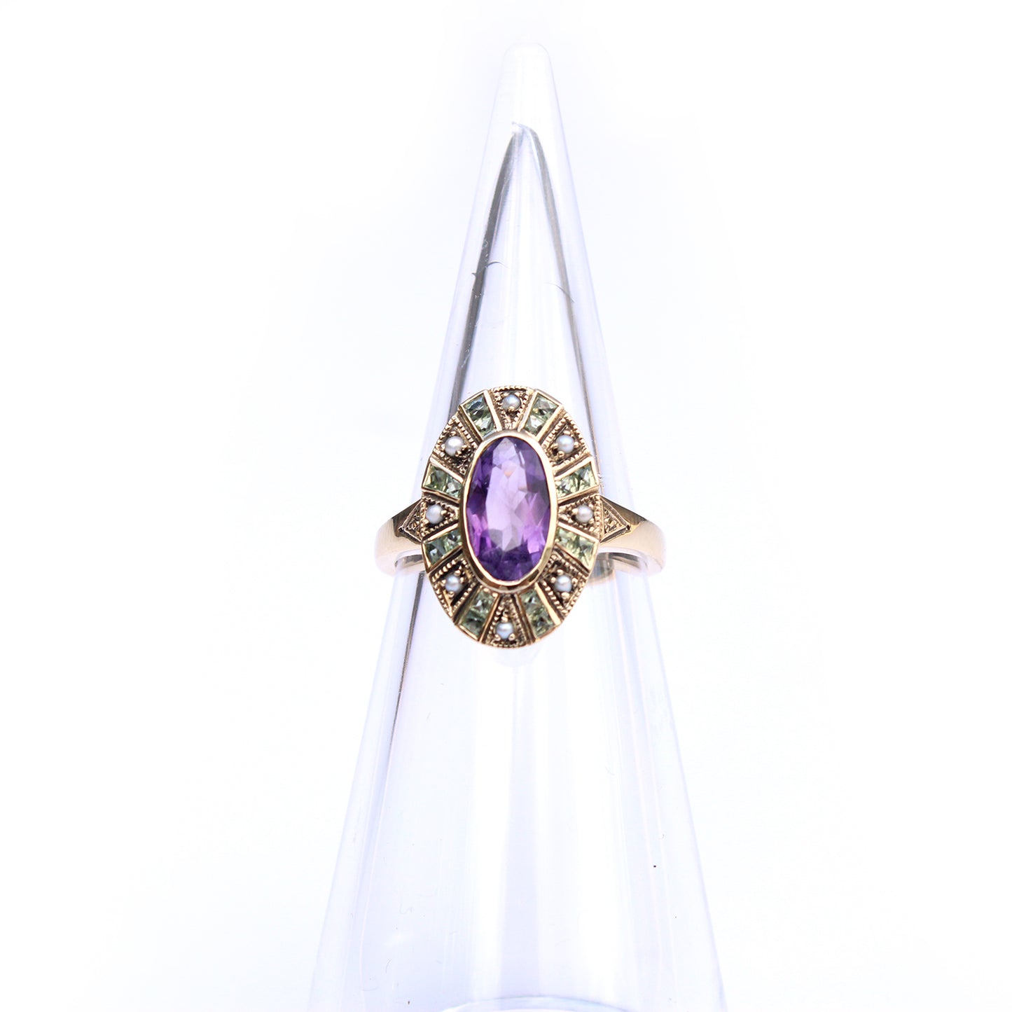 9ct Gold Amethyst Peridot & Pearl Suffragette Style Ring