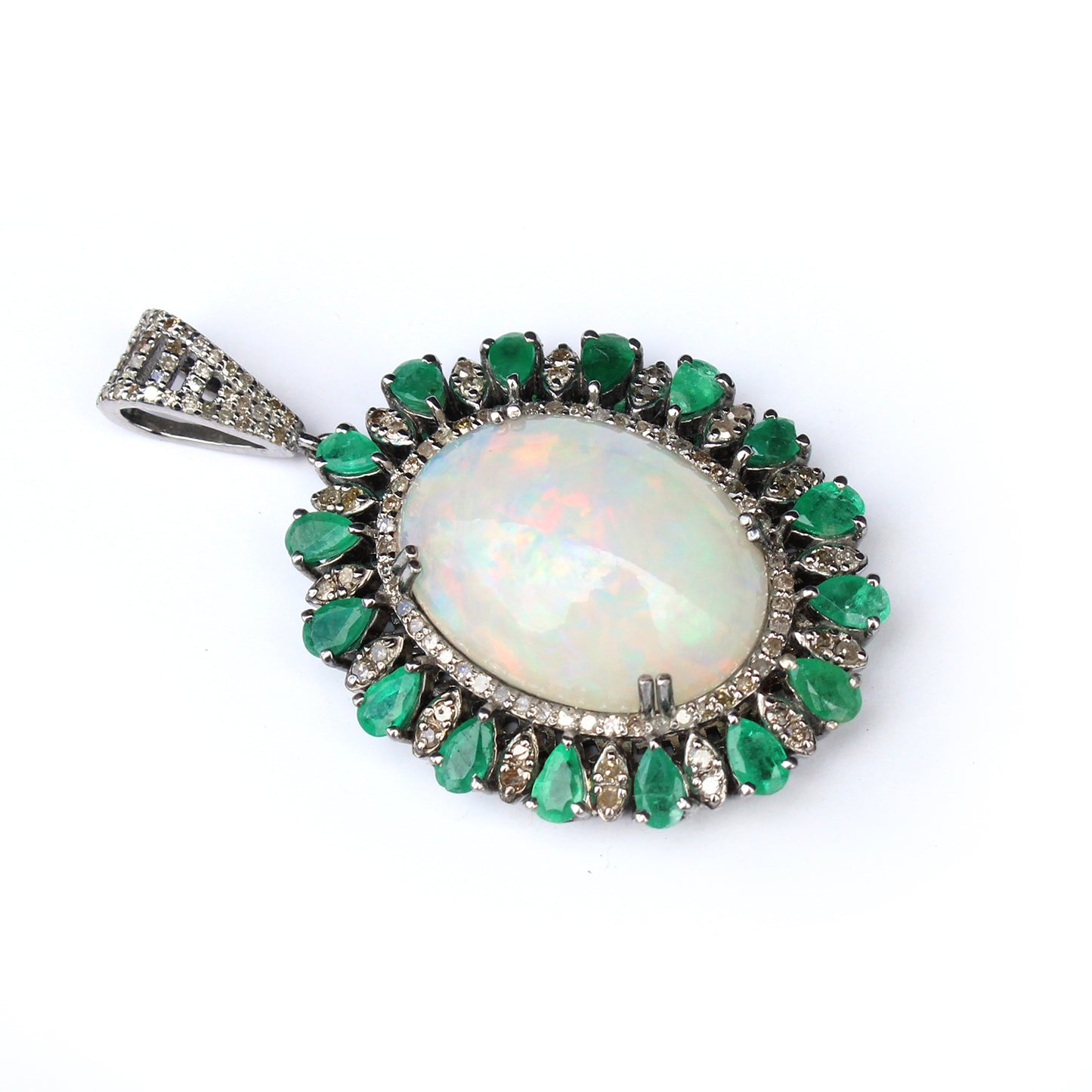 Large Sterling Silver Opal Emerald & Diamond Encrusted Pendant