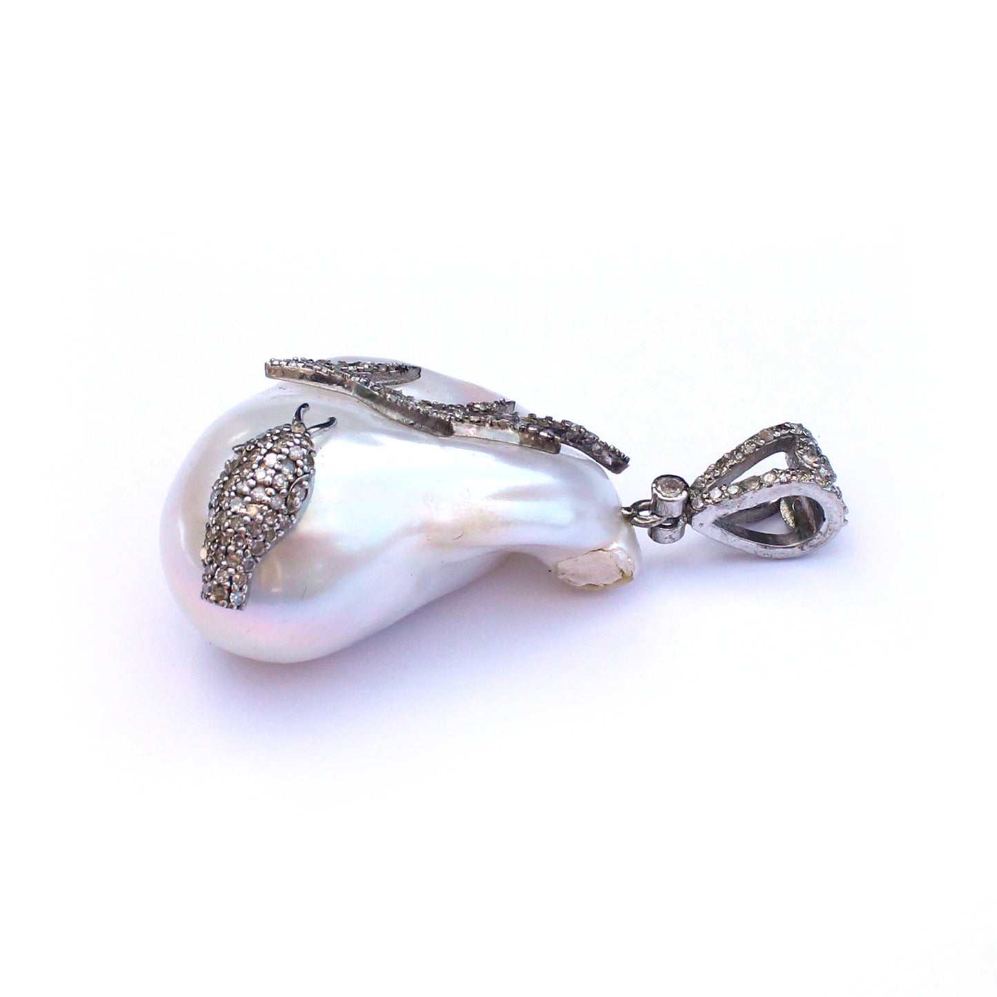 Sterling Silver Diamond Snake encrusted Baroque Pearl Pendant