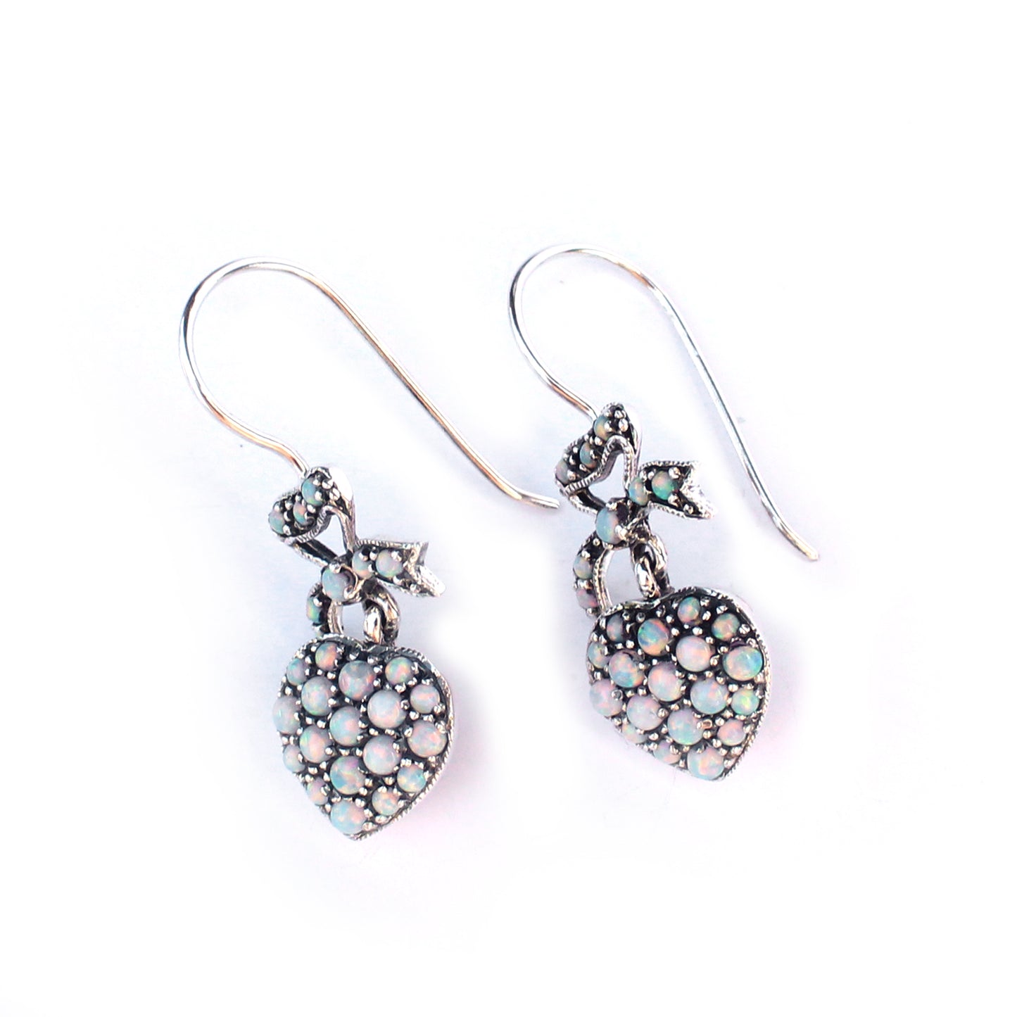 Victorian Style Sterling Silver Opal Heart Earrings