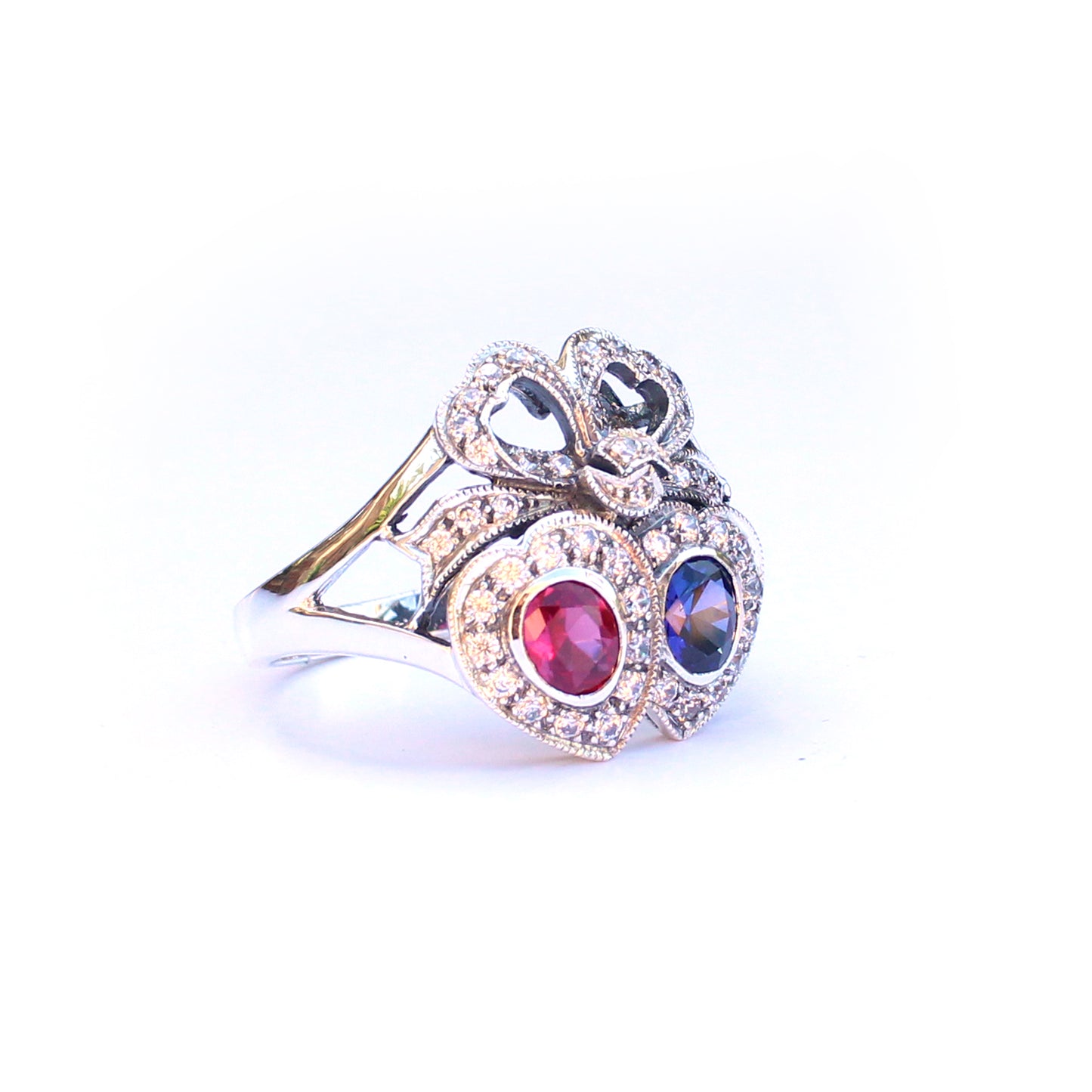 Sterling Silver Victorian Style Sapphire & Ruby Sweetheart Ring
