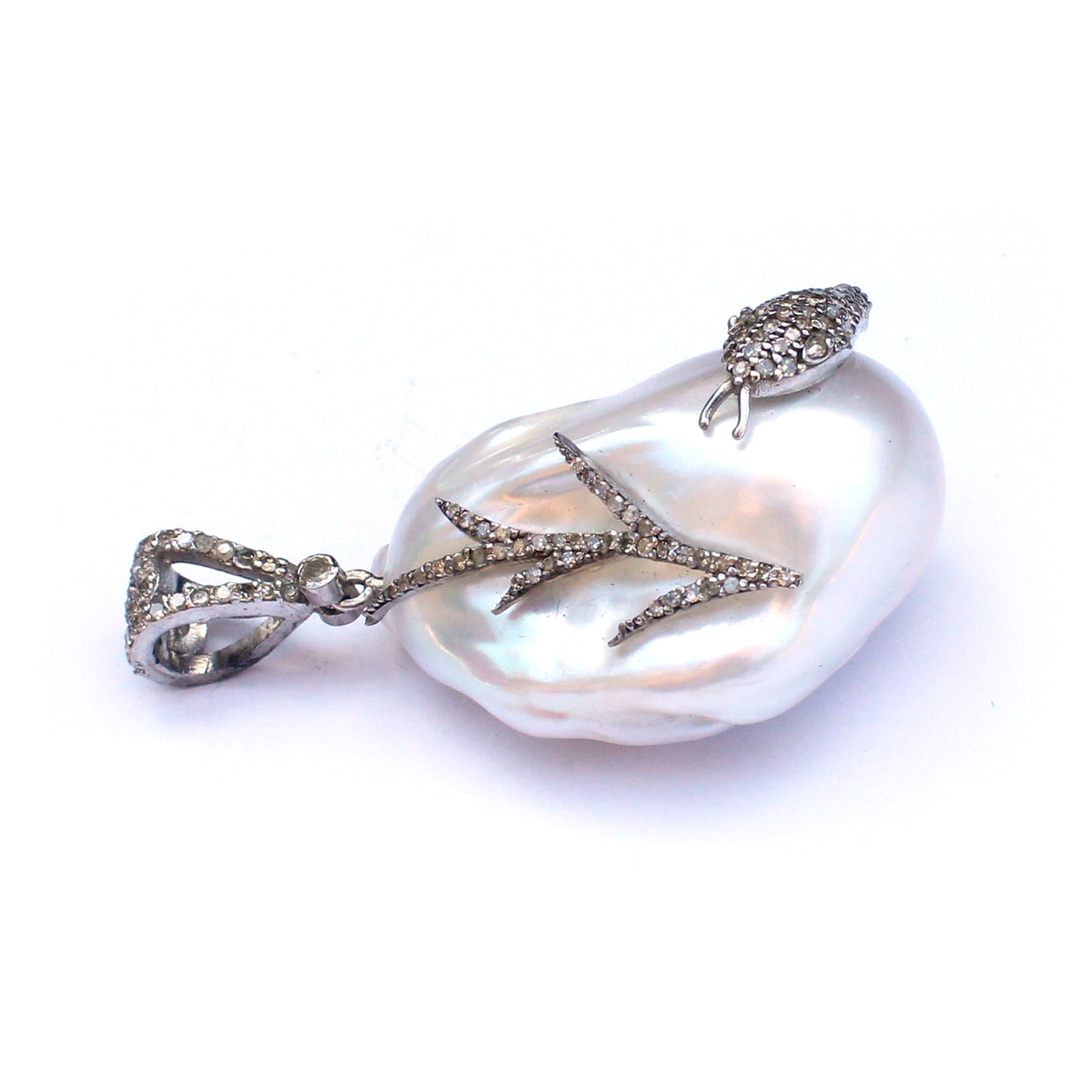 Sterling Silver Diamond Snake encrusted Baroque Pearl Pendant
