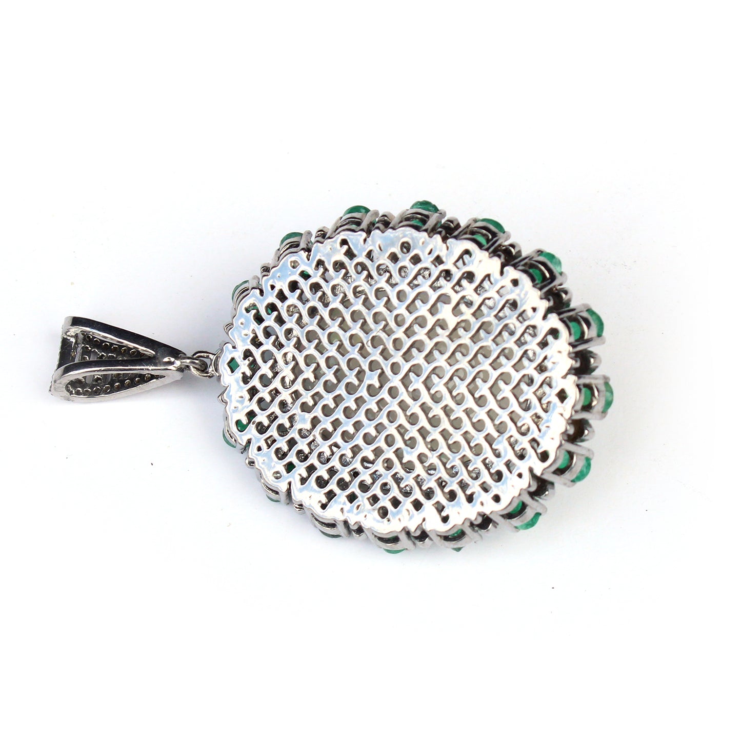 Large Sterling Silver Opal Emerald & Diamond Encrusted Pendant