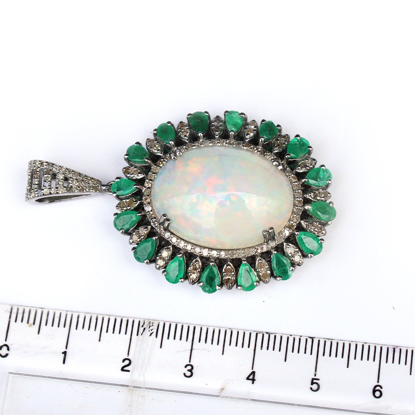 Large Sterling Silver Opal Emerald & Diamond Encrusted Pendant