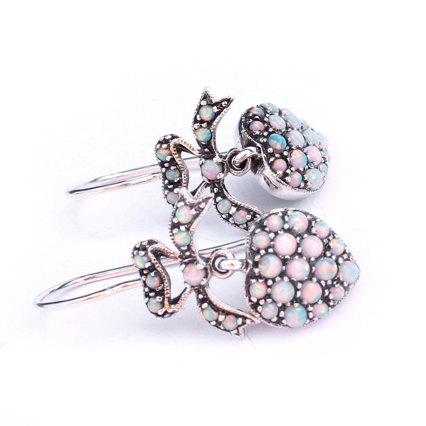 Victorian Style Sterling Silver Opal Heart Earrings