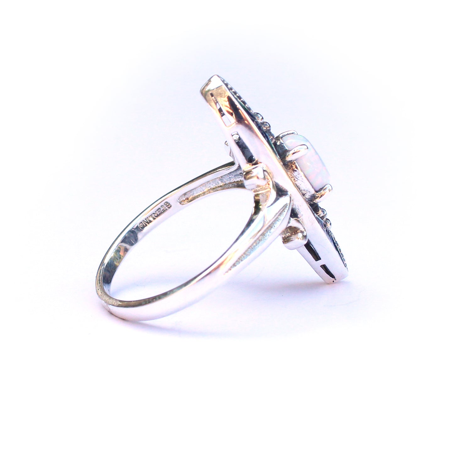 Sterling Silver Opal & Blue Enamel Navette Ring