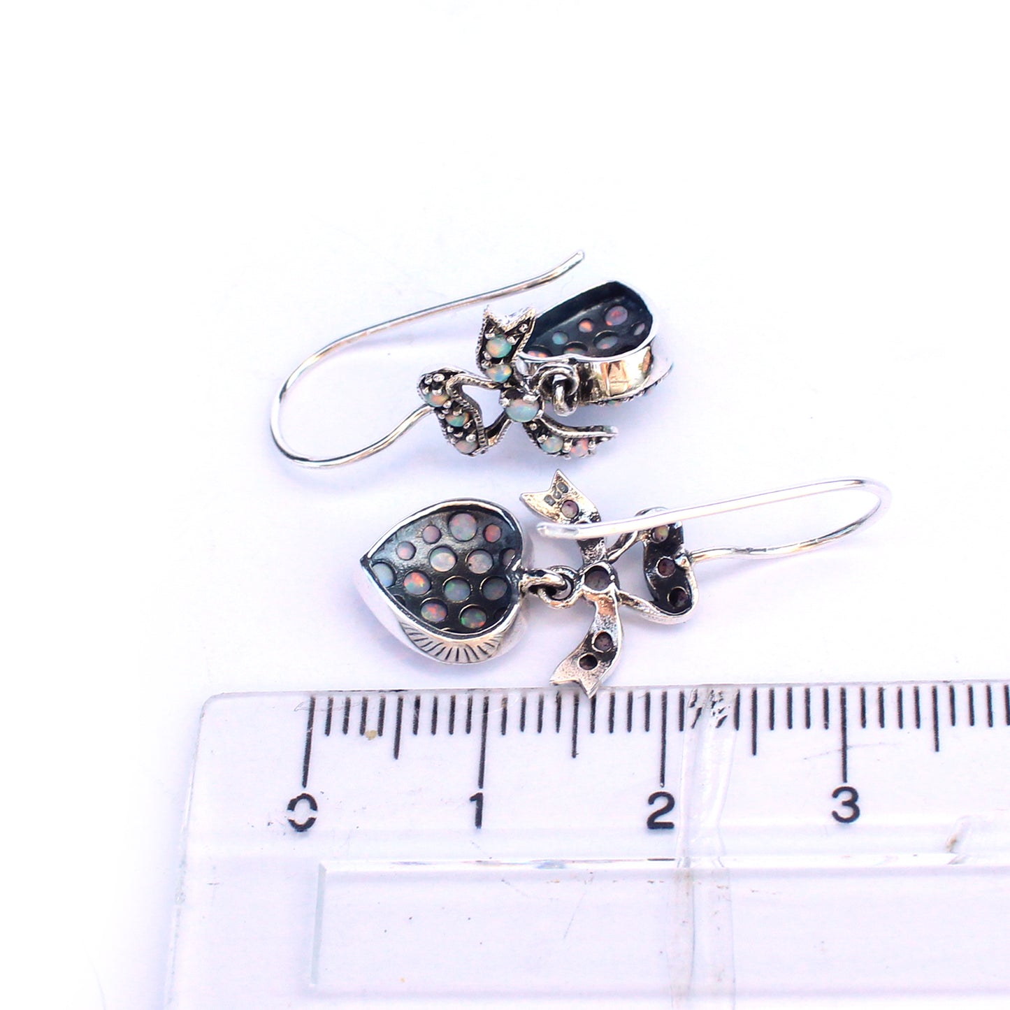 Victorian Style Sterling Silver Opal Heart Earrings