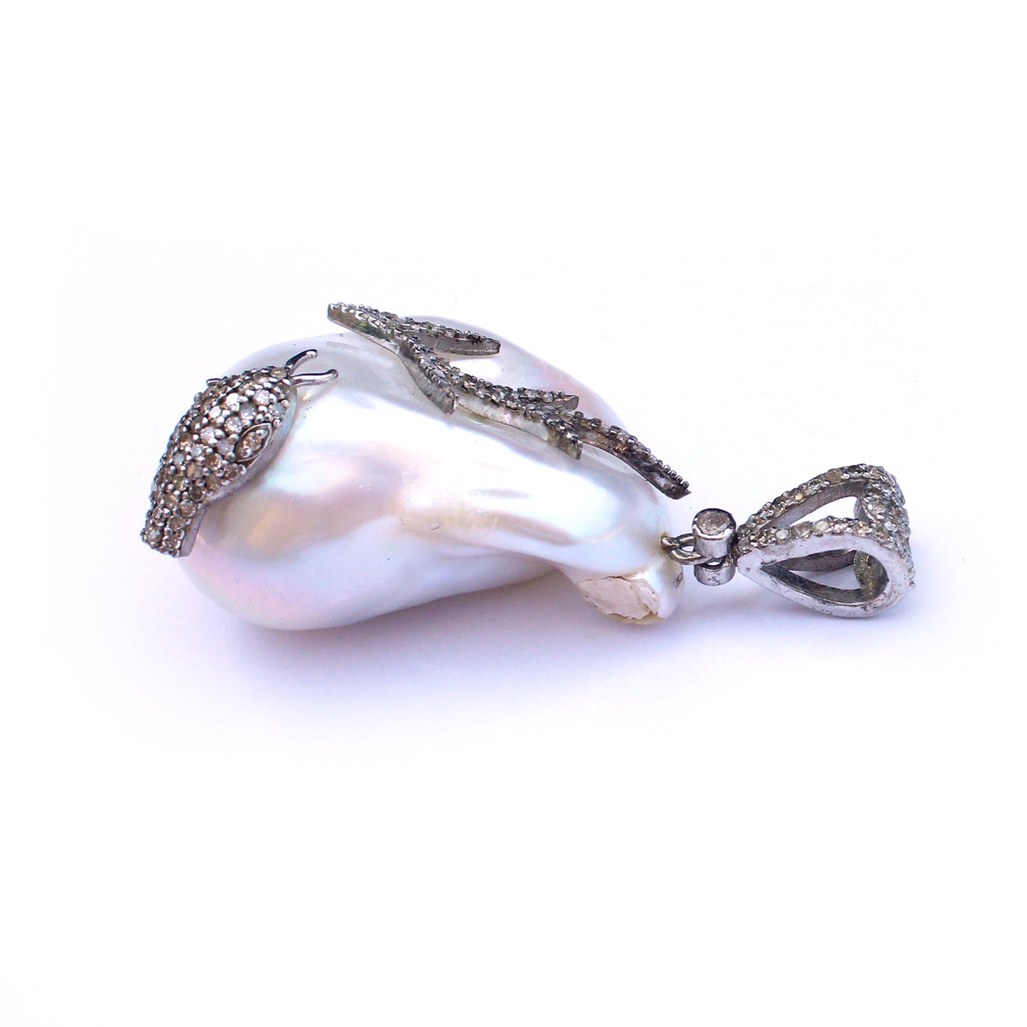 Sterling Silver Diamond Snake encrusted Baroque Pearl Pendant