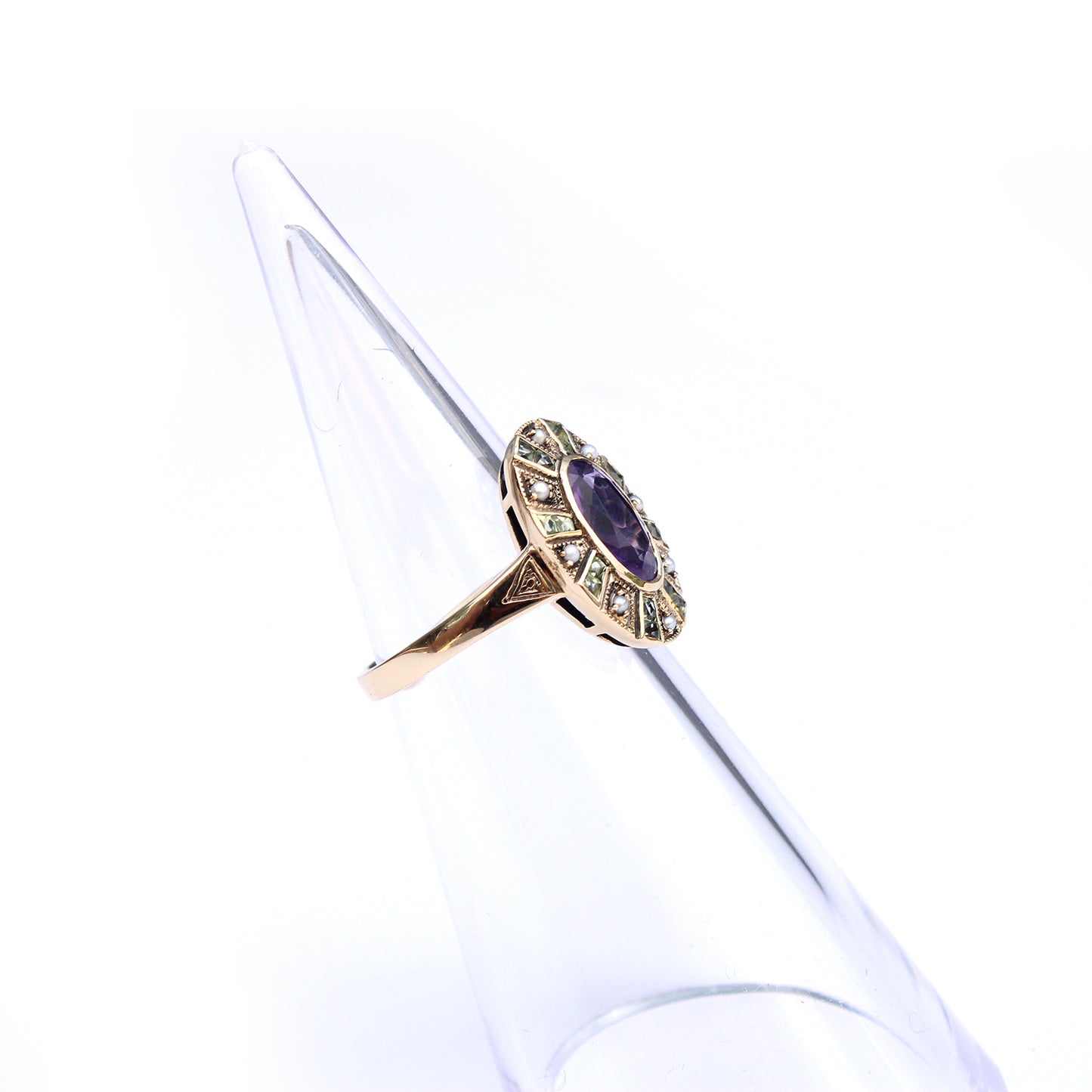 9ct Gold Amethyst Peridot & Pearl Suffragette Style Ring
