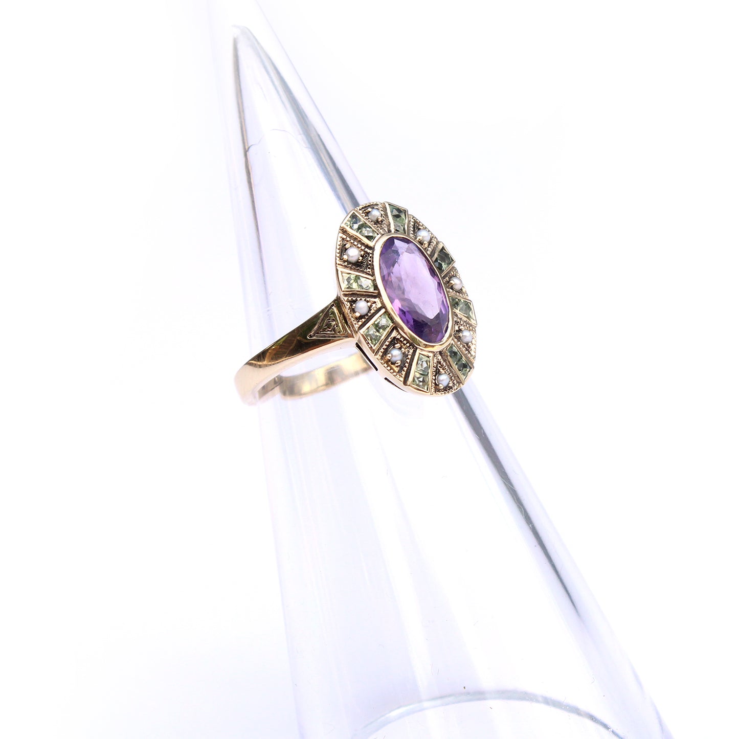 9ct Gold Amethyst Peridot & Pearl Suffragette Style Ring
