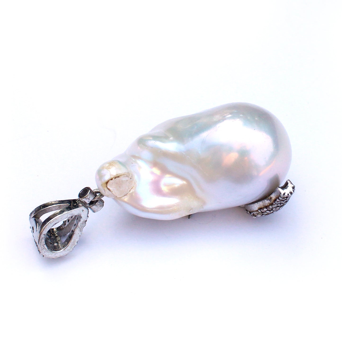 Sterling Silver Diamond Snake encrusted Baroque Pearl Pendant