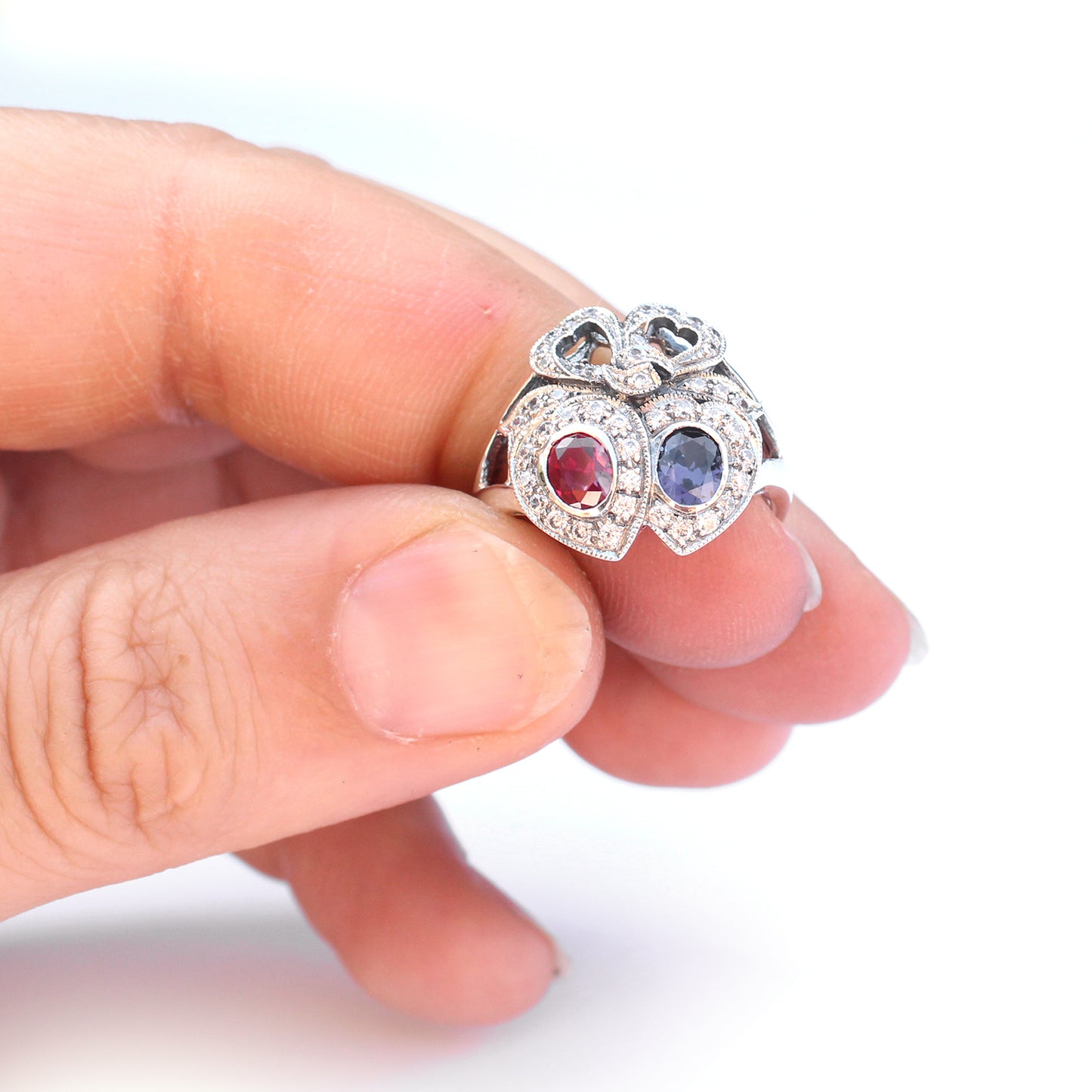 Sterling Silver Victorian Style Sapphire & Ruby Sweetheart Ring
