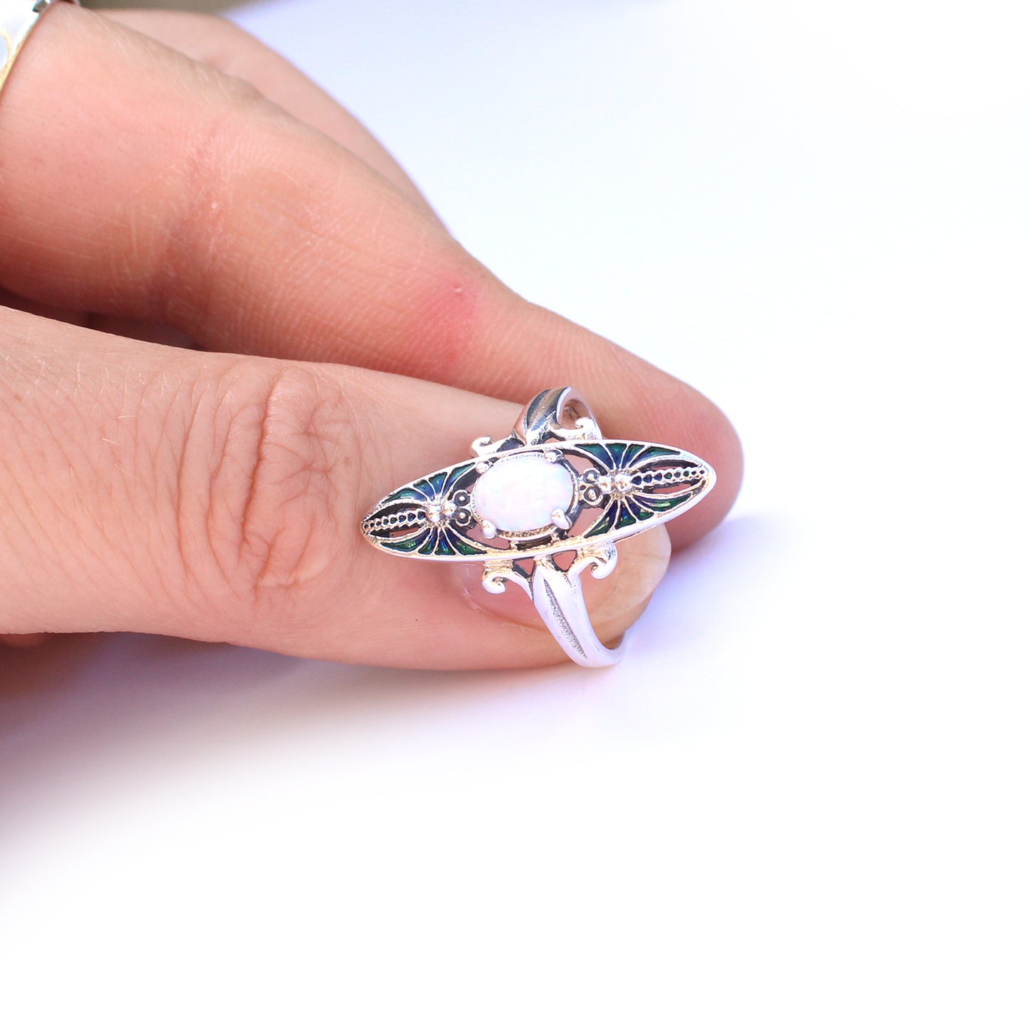 Sterling Silver Opal & Blue Enamel Navette Ring