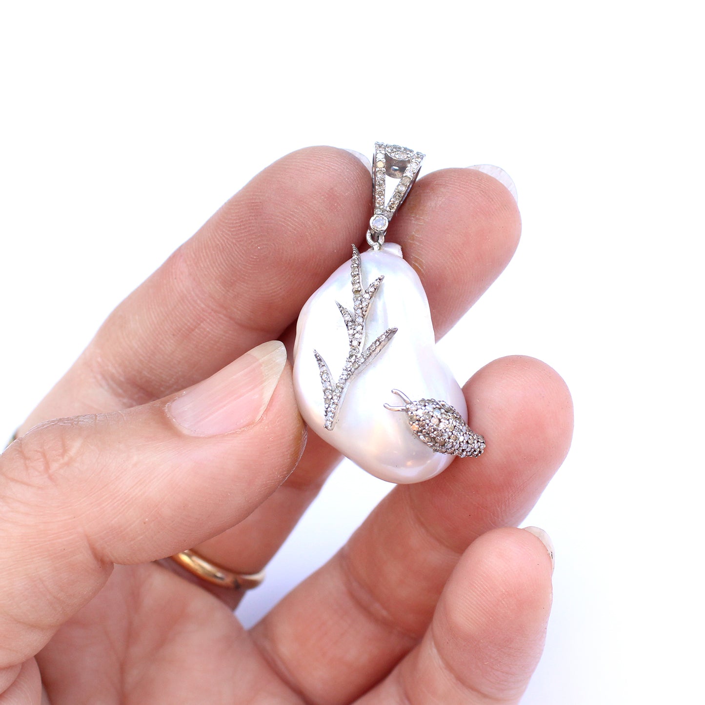 Sterling Silver Diamond Snake encrusted Baroque Pearl Pendant