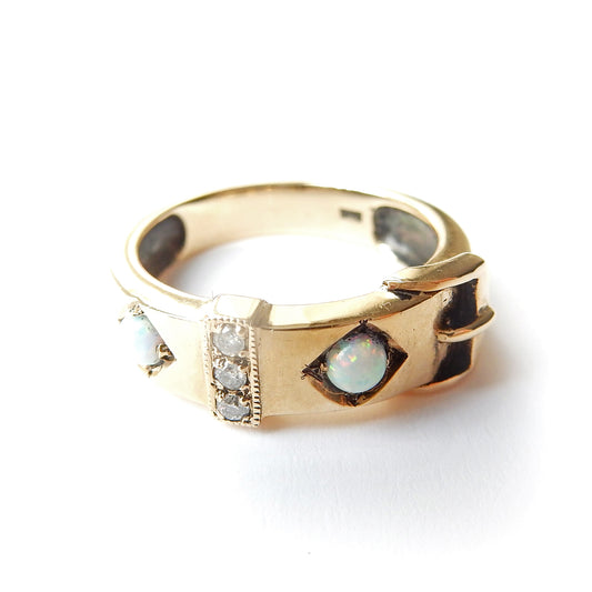 9ct Gold Opal & Diamond Buckle Ring