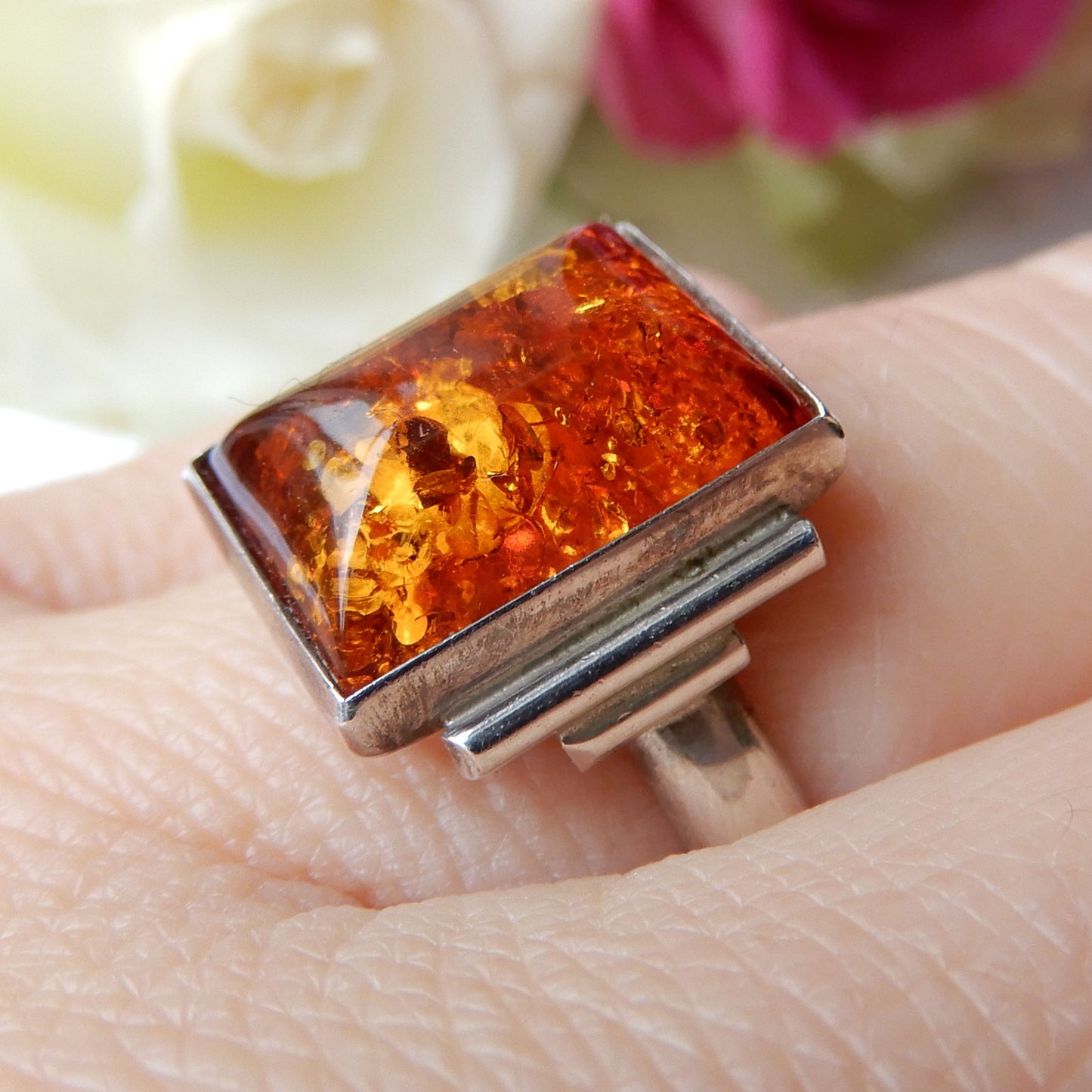 Vintage Sterling Silver Amber Ring