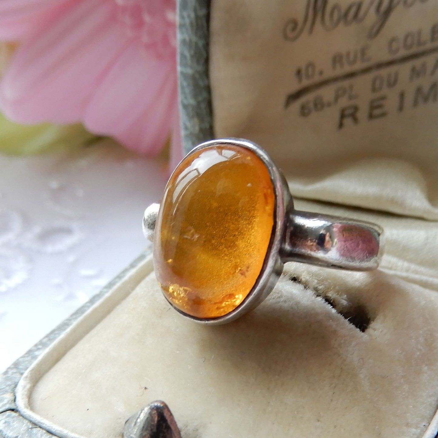 Vintage Sterling Silver Amber Cabochon Ring