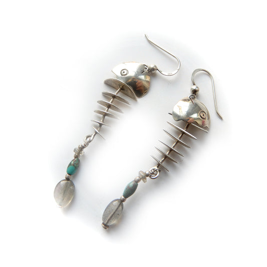 Vintage Sterling Silver Fish Bone Earrings with Turquoise & Moonstone