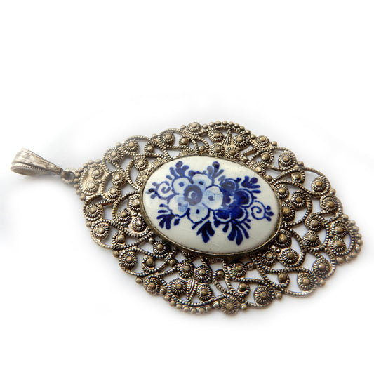 Vintage Filigree Delft Pottery Pendant