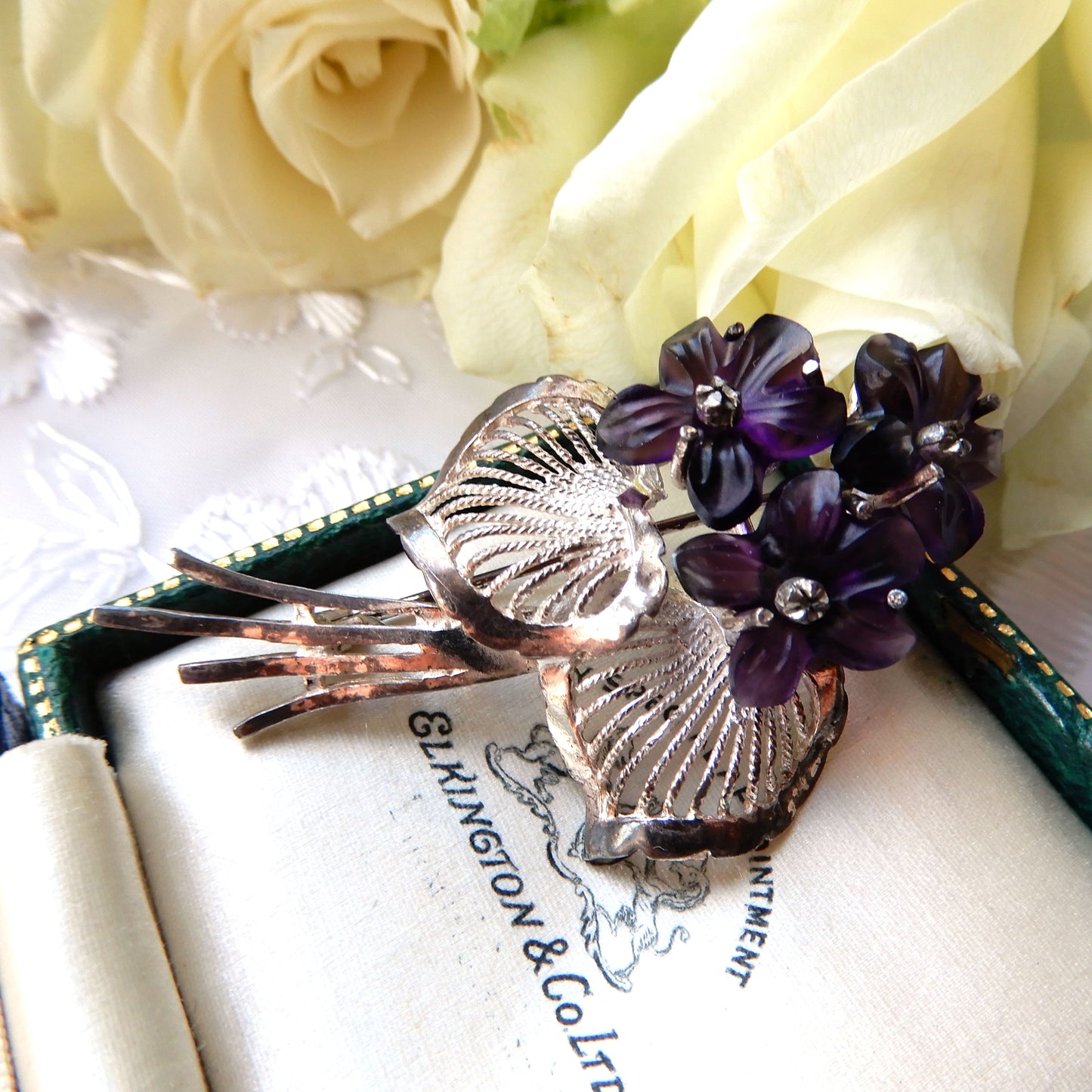 Vintage Sterling Silver Carved Amethyst Violet Brooch