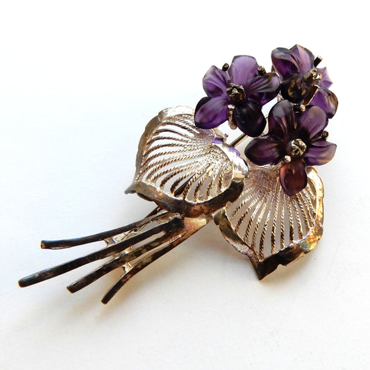 Vintage Sterling Silver Carved Amethyst Violet Brooch