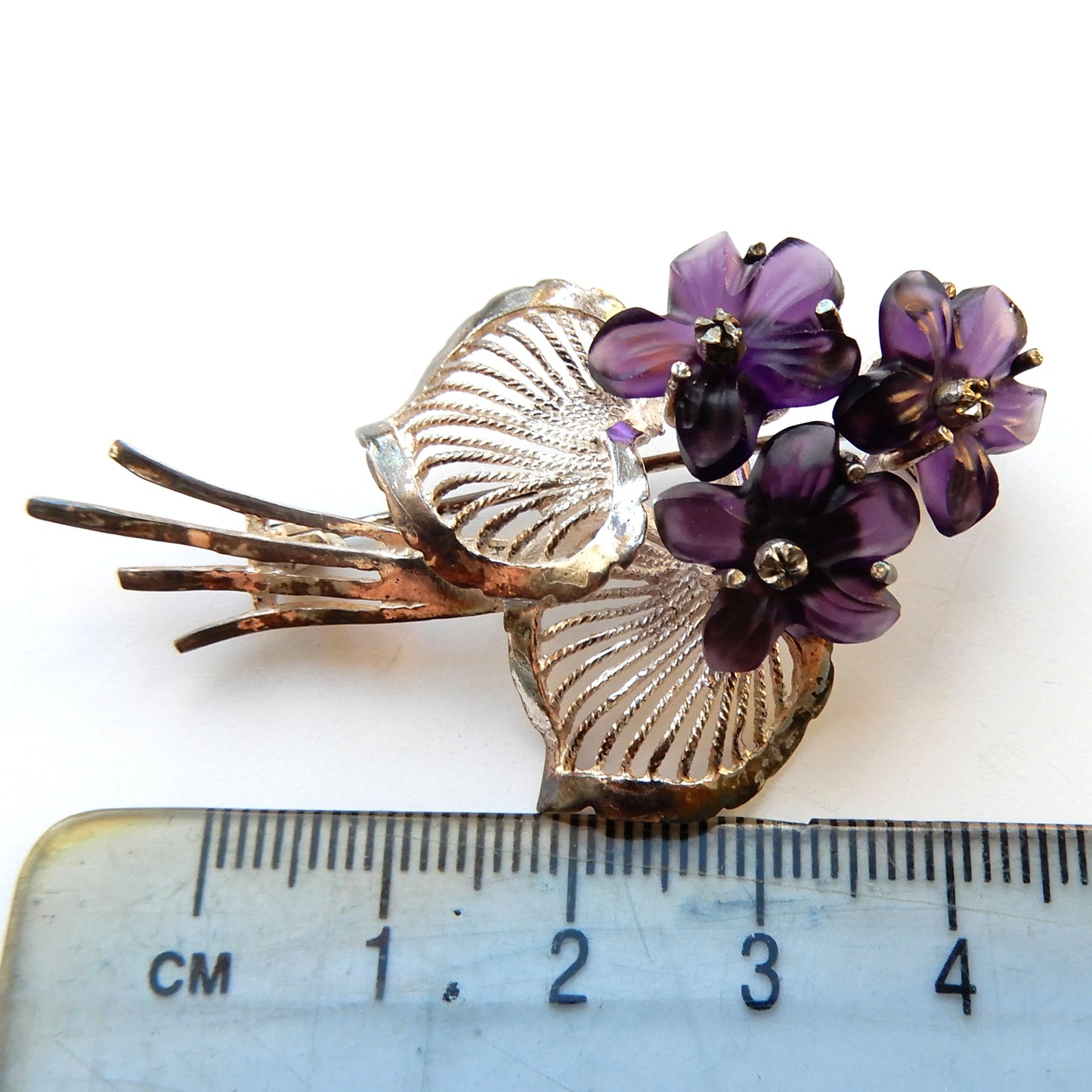 Vintage Sterling Silver Carved Amethyst Violet Brooch