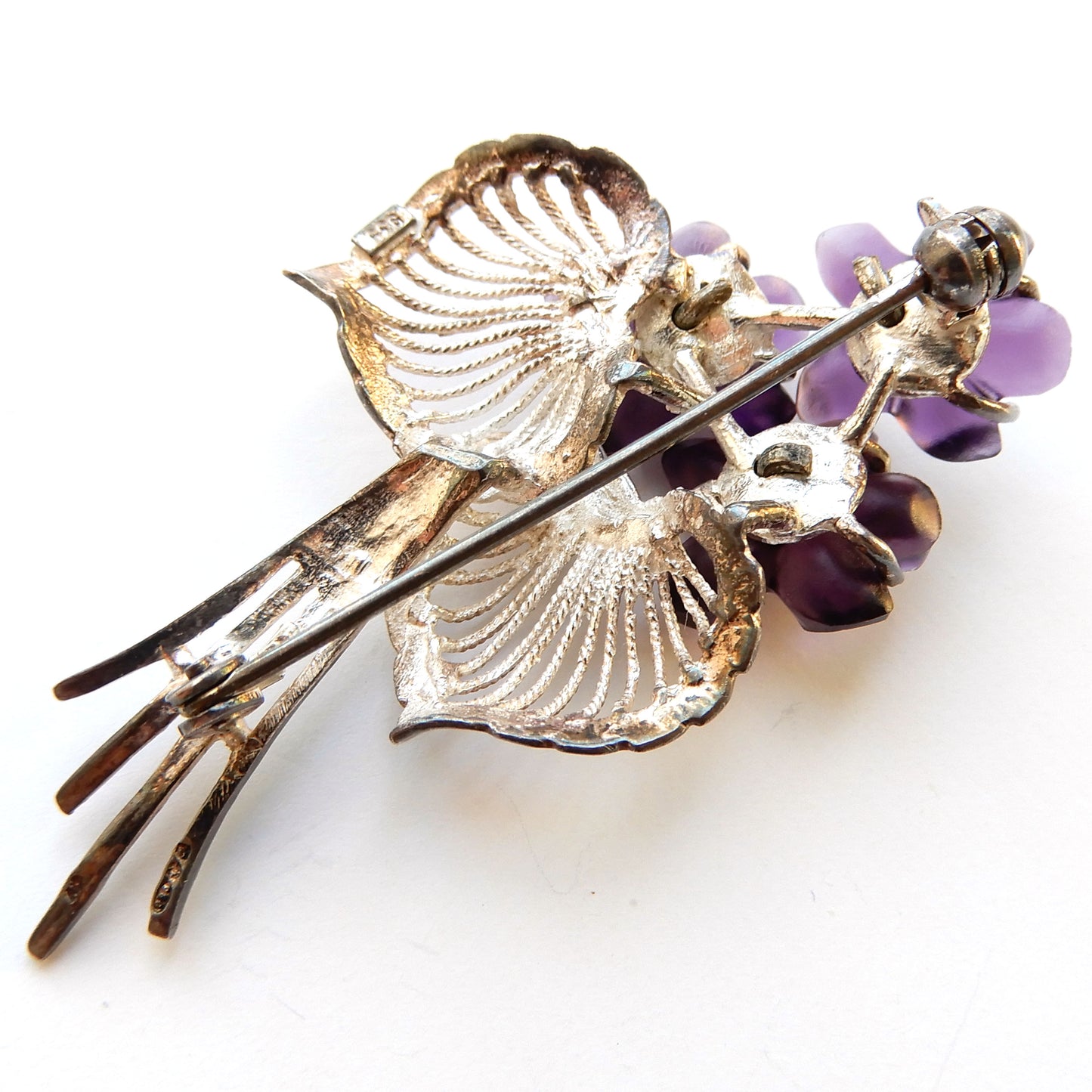 Vintage Sterling Silver Carved Amethyst Violet Brooch