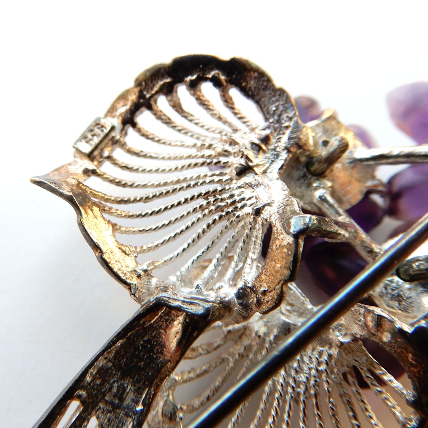 Vintage Sterling Silver Carved Amethyst Violet Brooch