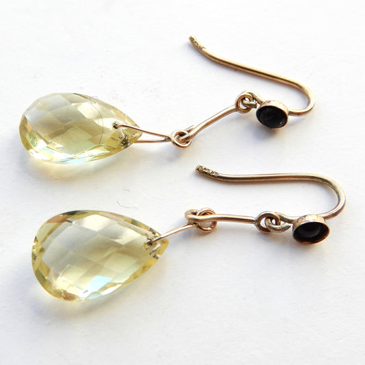 9ct Gold Citrine & Onyx Long drop Earrings