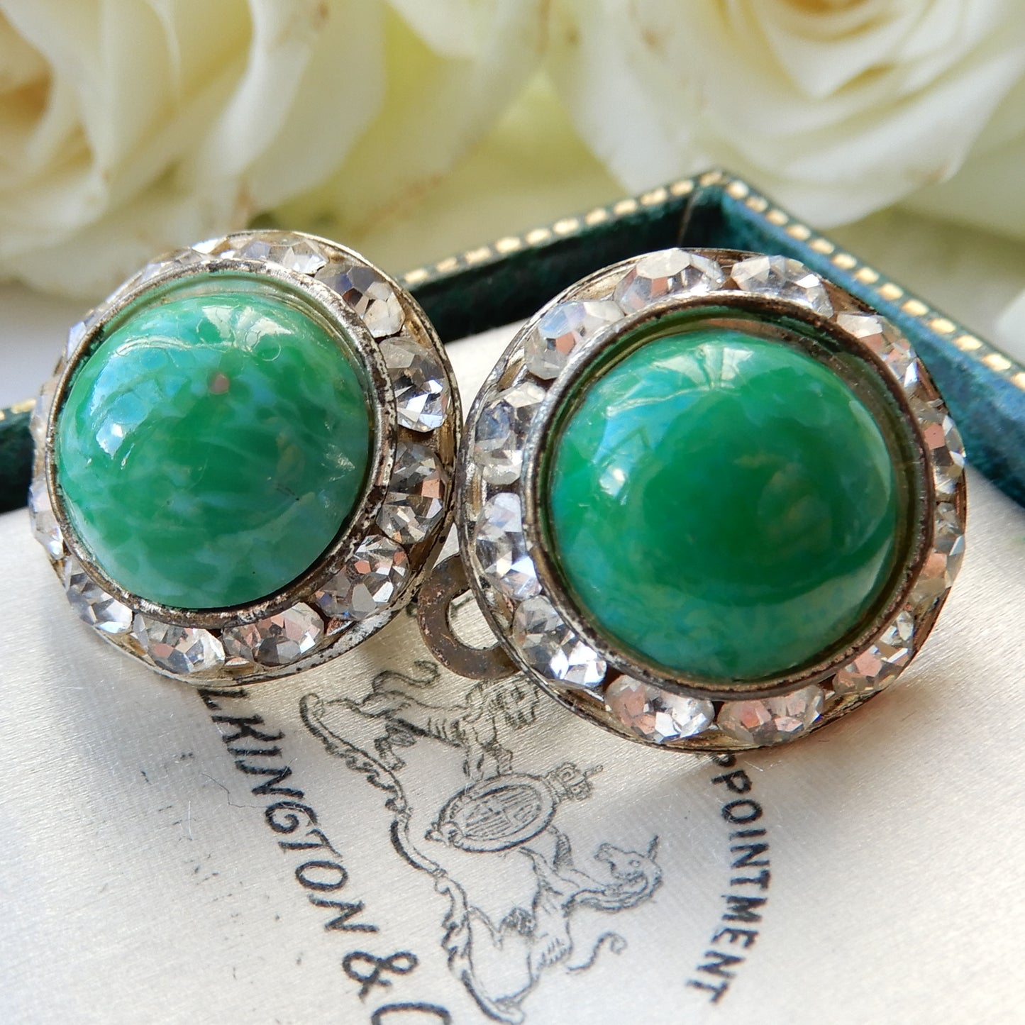 Antique Green Peking Glass Rhinestone Clip Back Earrings