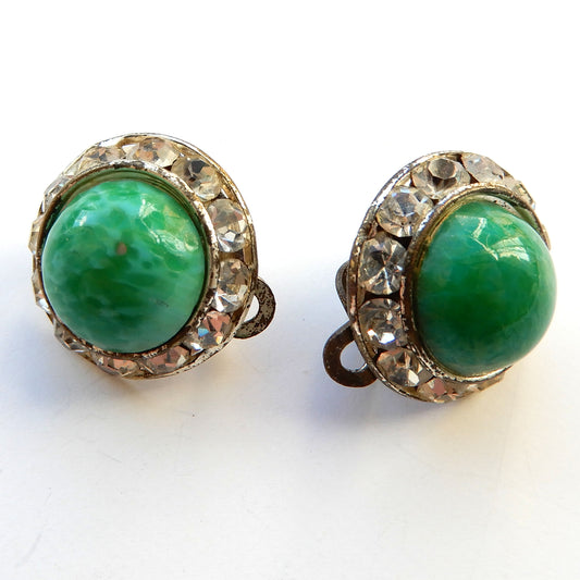 Antique Green Peking Glass Rhinestone Clip Back Earrings
