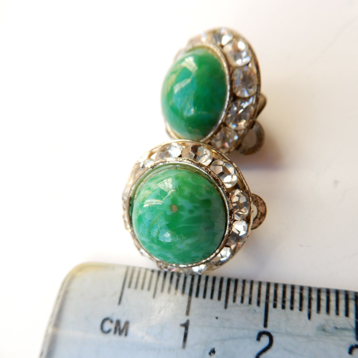 Antique Green Peking Glass Rhinestone Clip Back Earrings