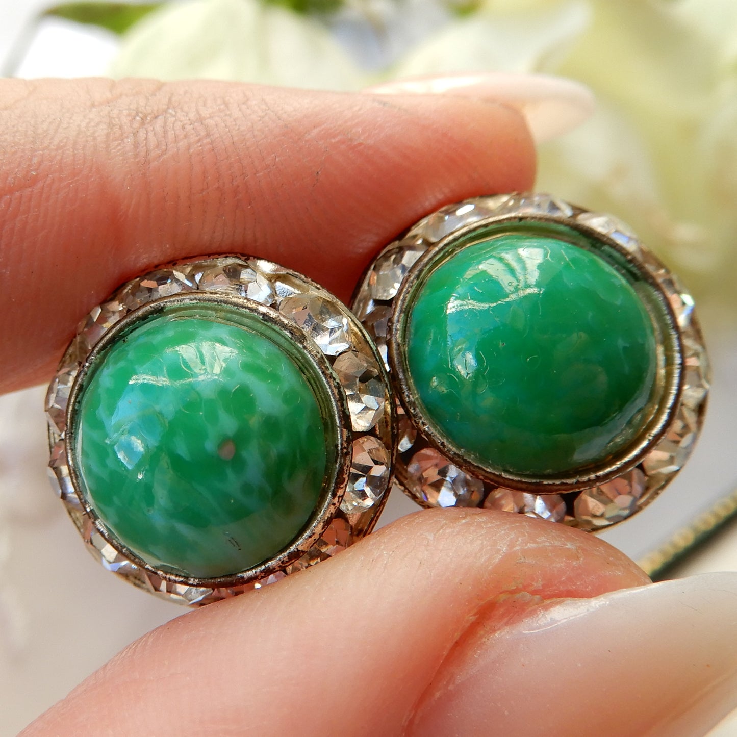 Antique Green Peking Glass Rhinestone Clip Back Earrings