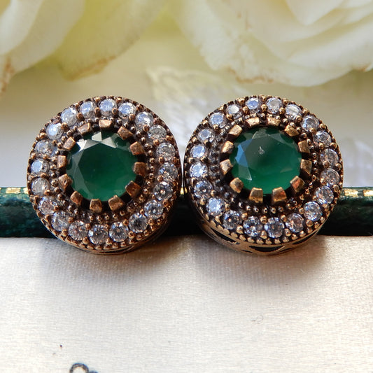 Sterling Silver Gilt Green Chalcedony Stud Earrings