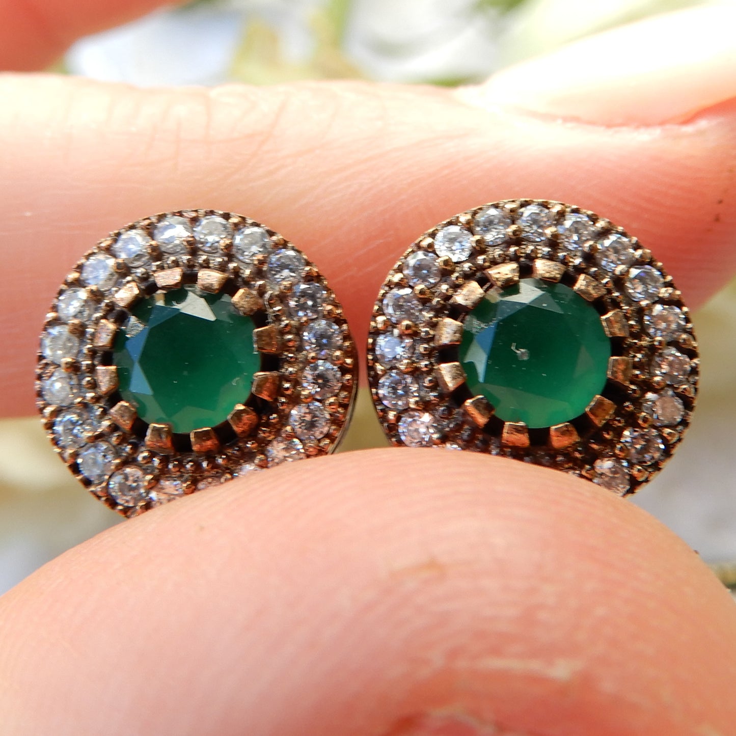 Sterling Silver Gilt Green Chalcedony Stud Earrings