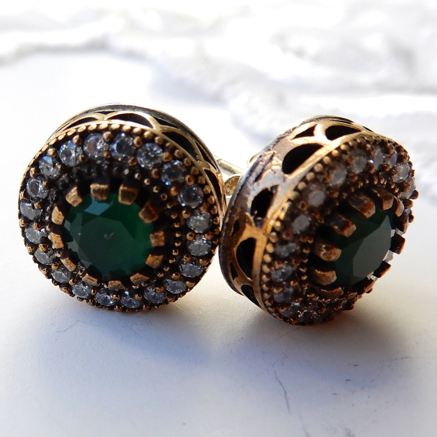 Sterling Silver Gilt Green Chalcedony Stud Earrings