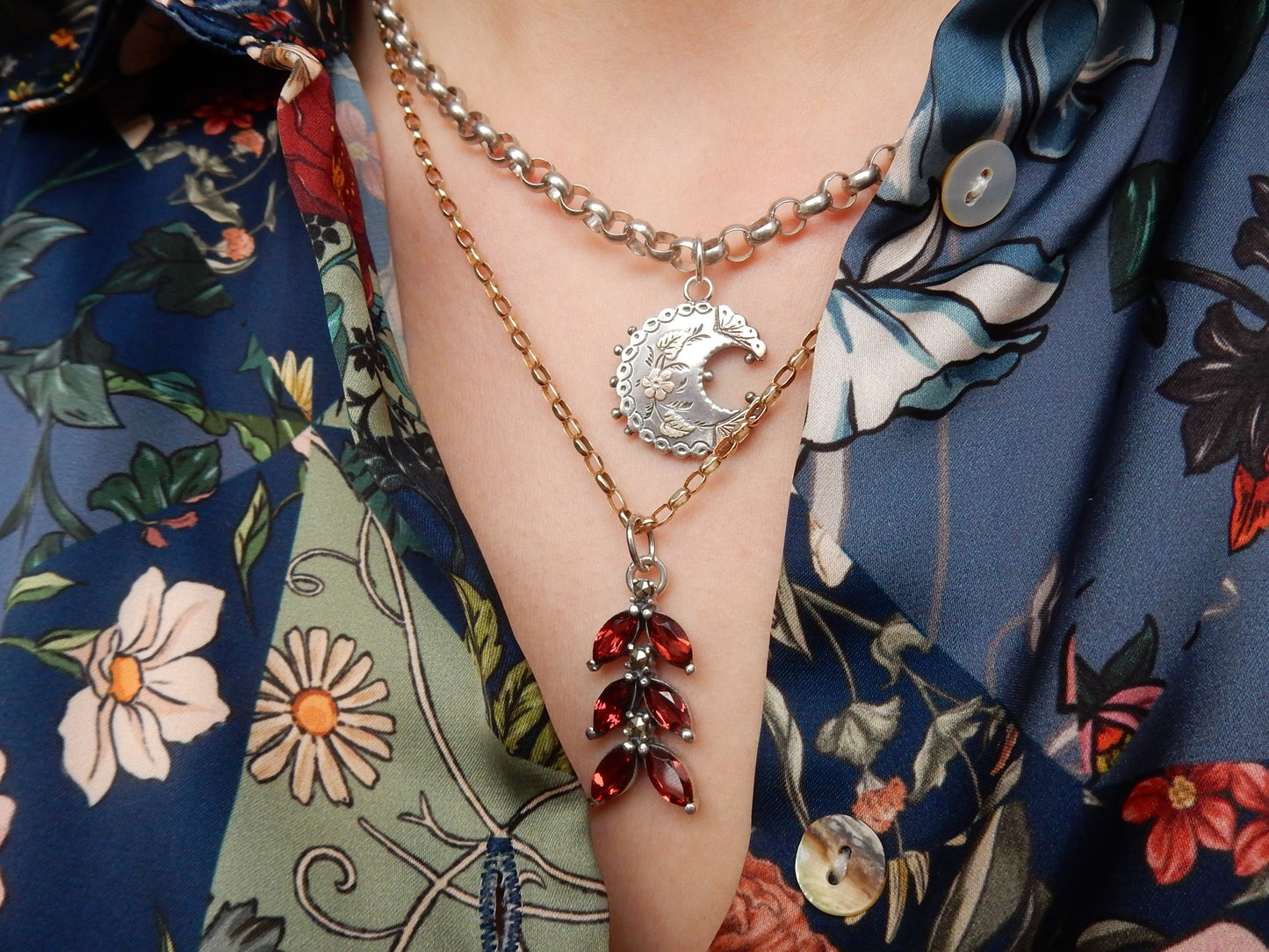 Vintage Sterling Silver Garnet & Marcasite Pendant Necklace