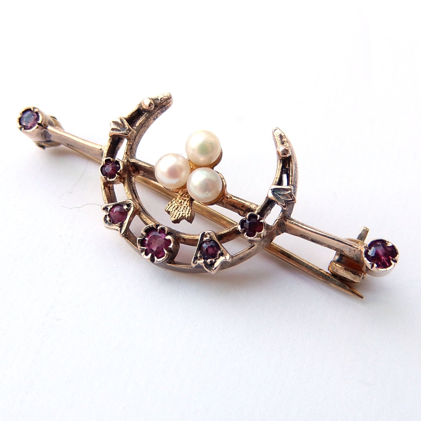Antique 9ct Gold Ruby & Pearl Moon Crescent Brooch