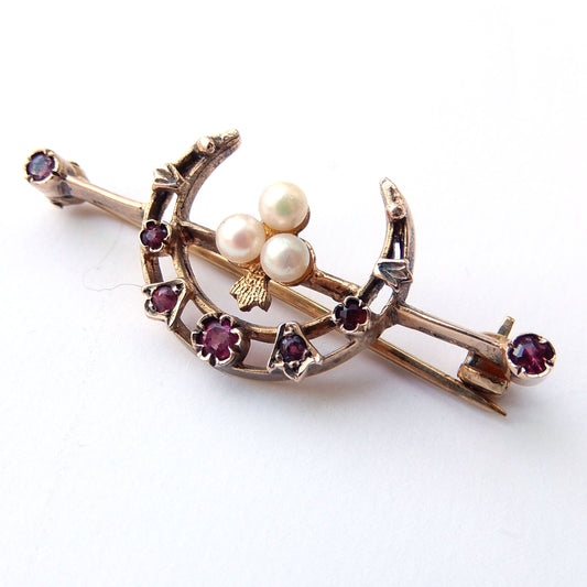 Antique 9ct Gold Ruby & Pearl Moon Crescent Brooch