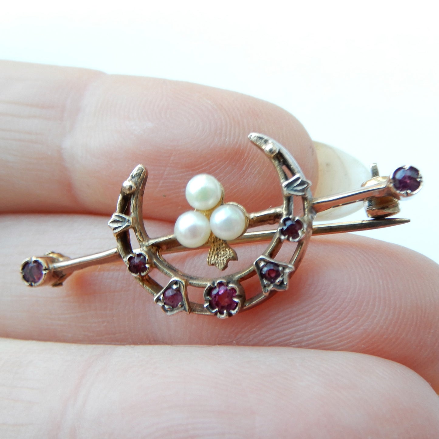 Antique 9ct Gold Ruby & Pearl Moon Crescent Brooch