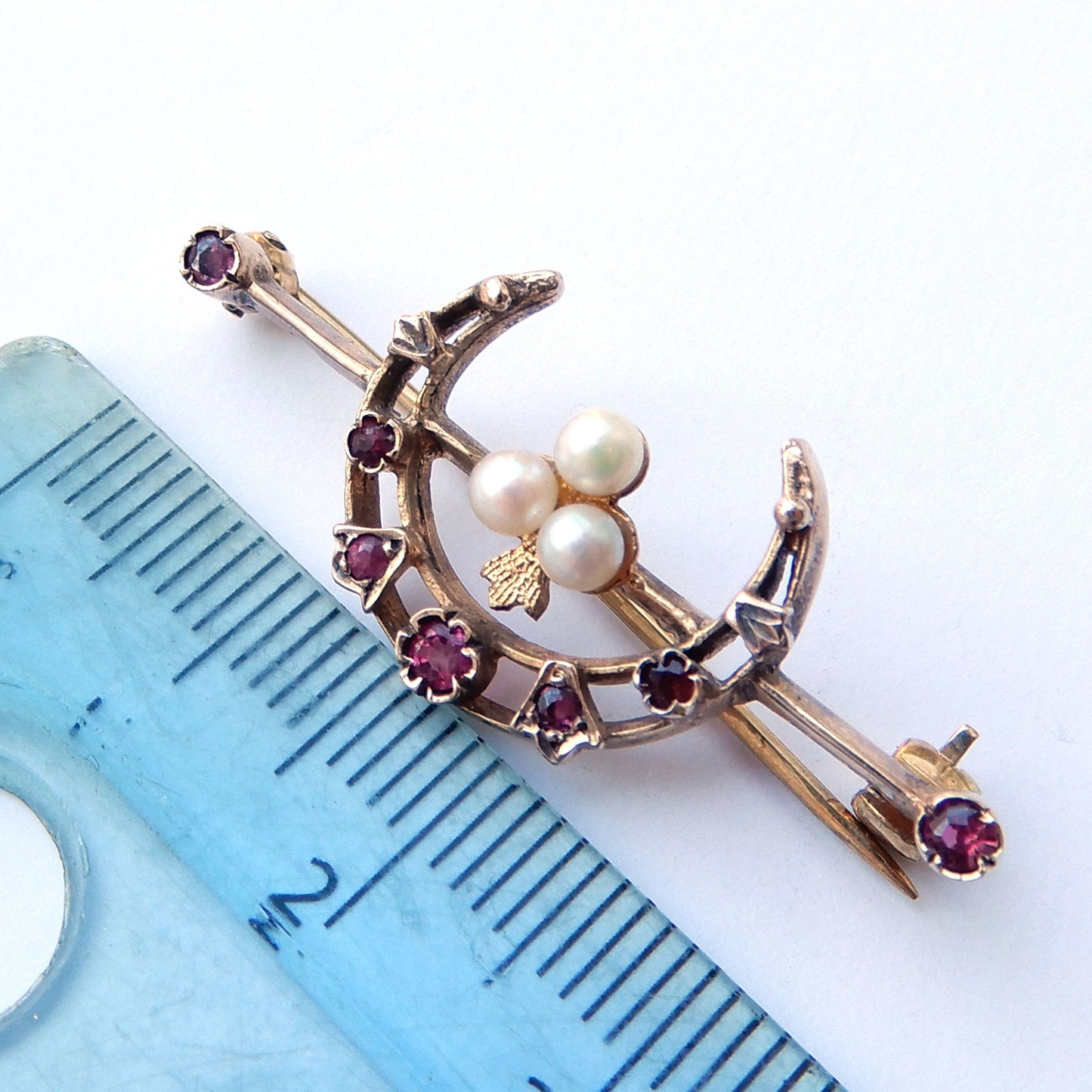 Antique 9ct Gold Ruby & Pearl Moon Crescent Brooch