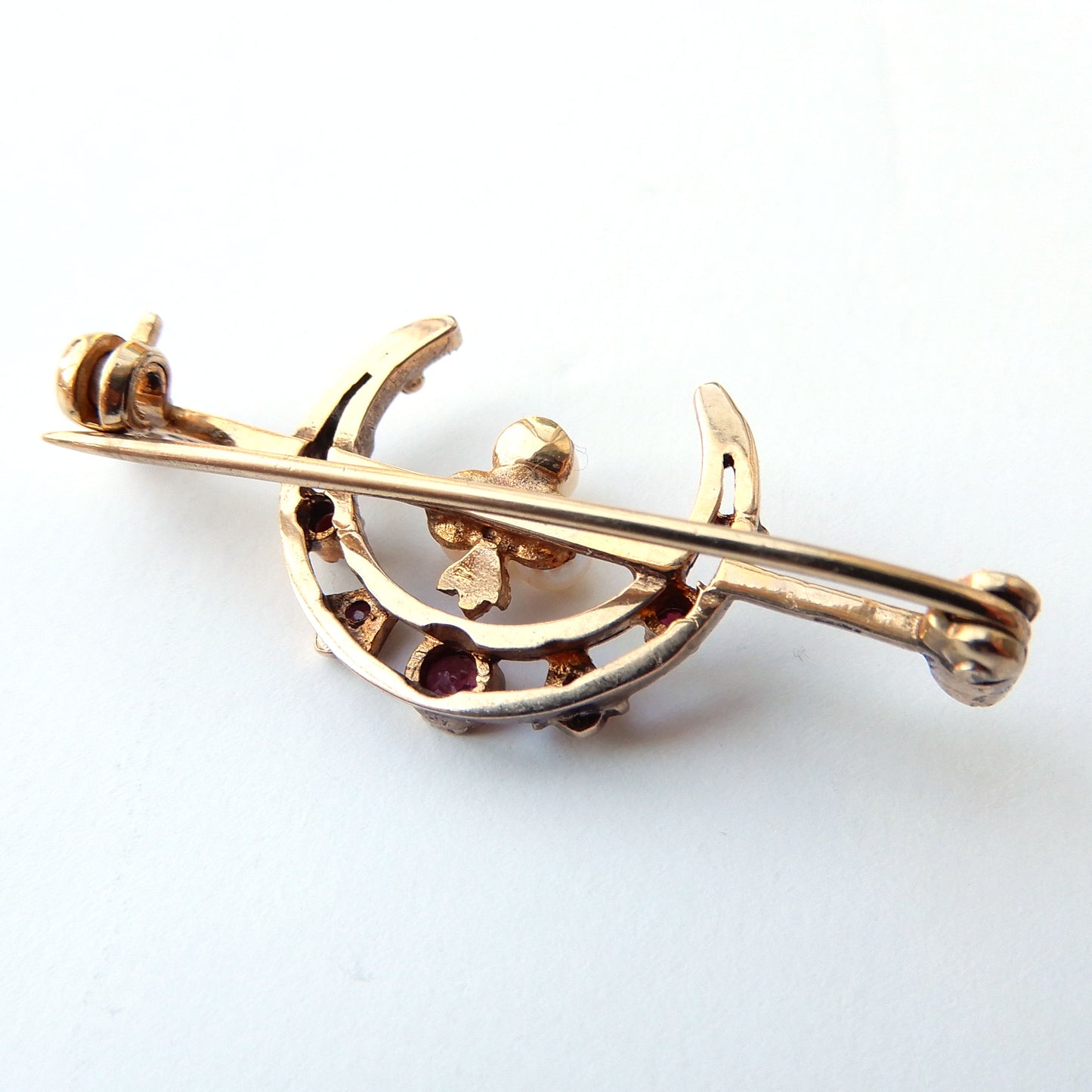 Antique 9ct Gold Ruby & Pearl Moon Crescent Brooch