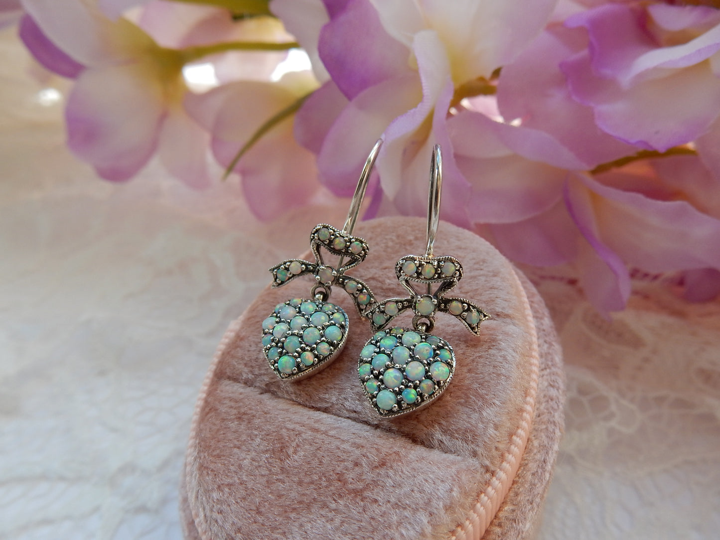 Sterling Silver Opal Heart Earrings