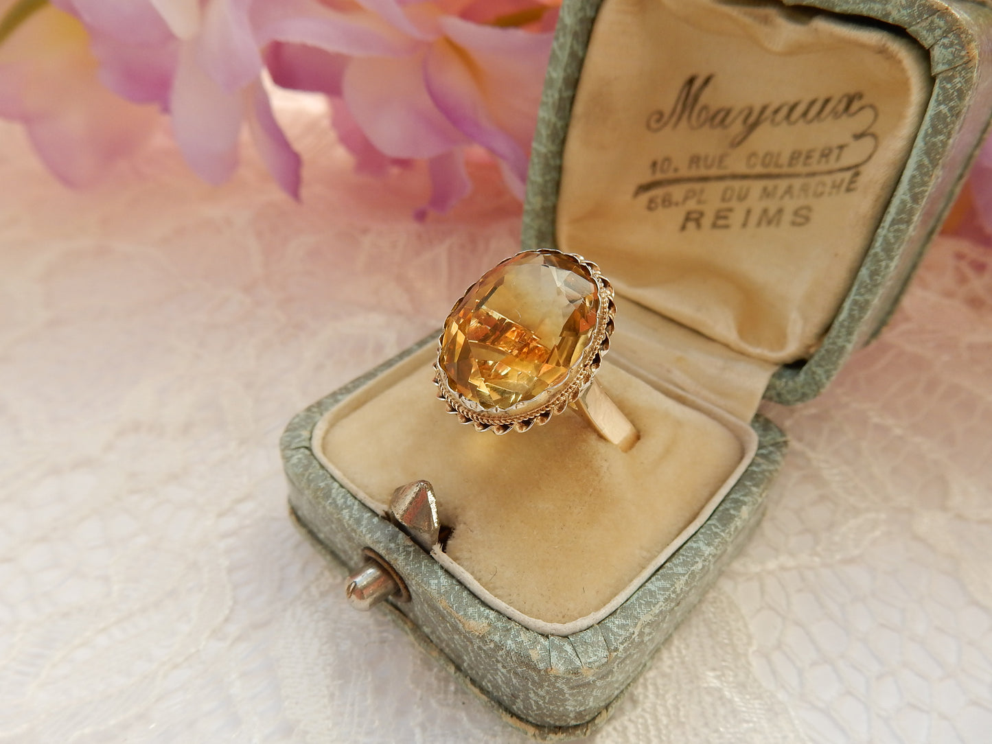 Antique Silver & 9ct Gold Citrine Cocktail Ring