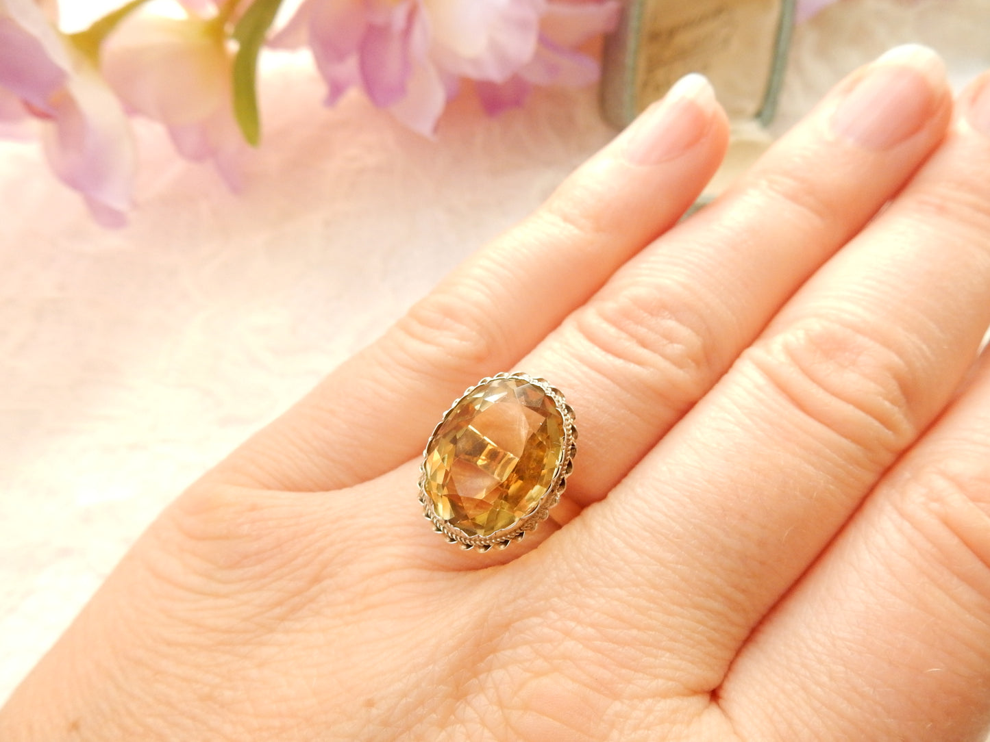 Antique Silver & 9ct Gold Citrine Cocktail Ring