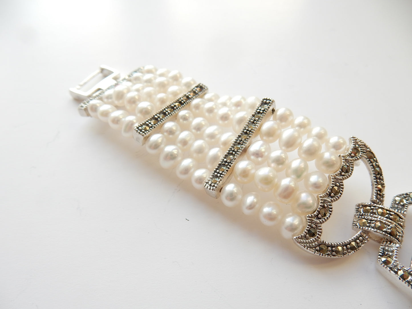 Art Deco Style Pearl & Marcasite Cuff Bracelet in Sterling Silver